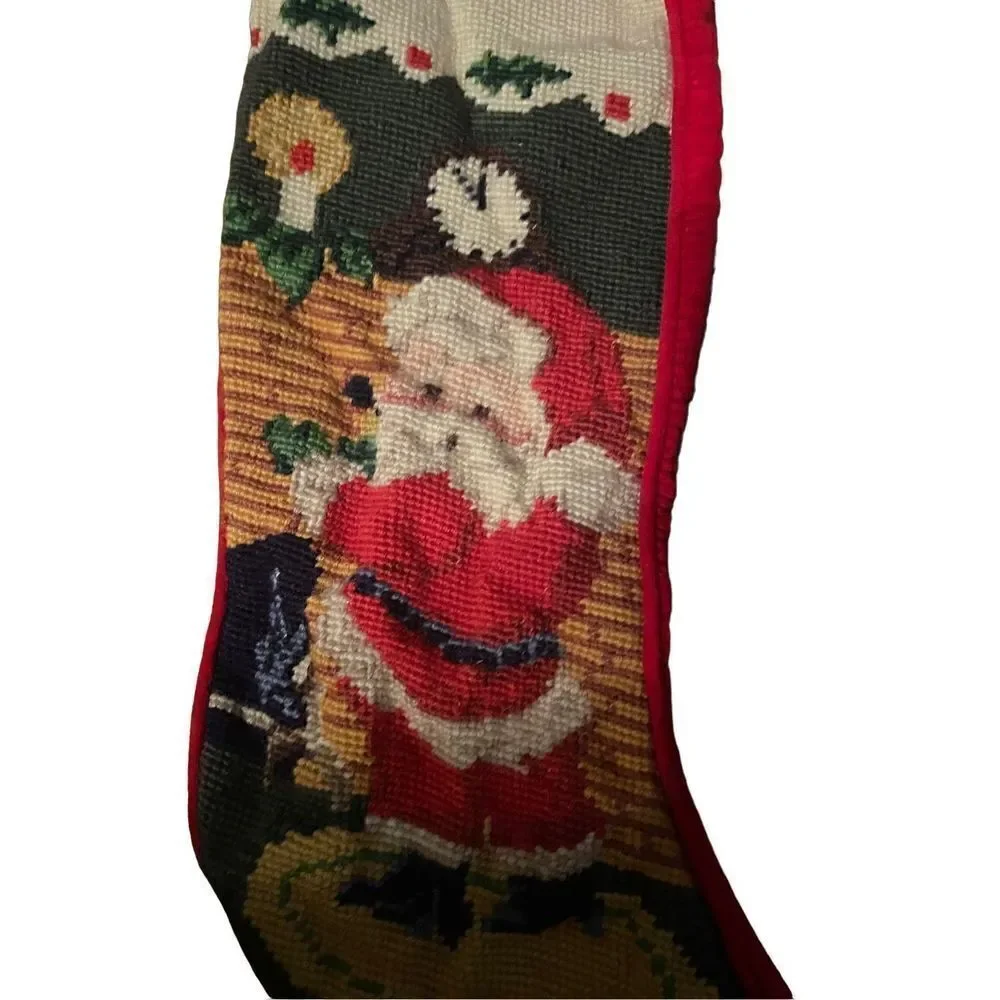 Vintage 1991 Embroidered Christmas Stocking Santa Claus and Elf by Chimney 19”